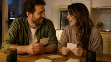 Una pareja se divierte con tarjetas de preguntas en la cocina