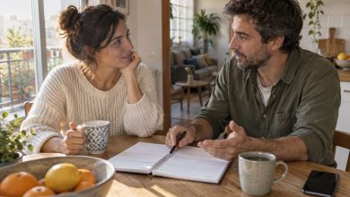 Dos personas conversan en la mesa de la cocina con una agenda abierta.